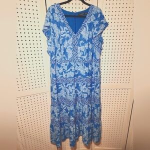 Lauren Ralph Laruen 18S Blue White Floral Peasant Flow Midi Flutter Sleeve